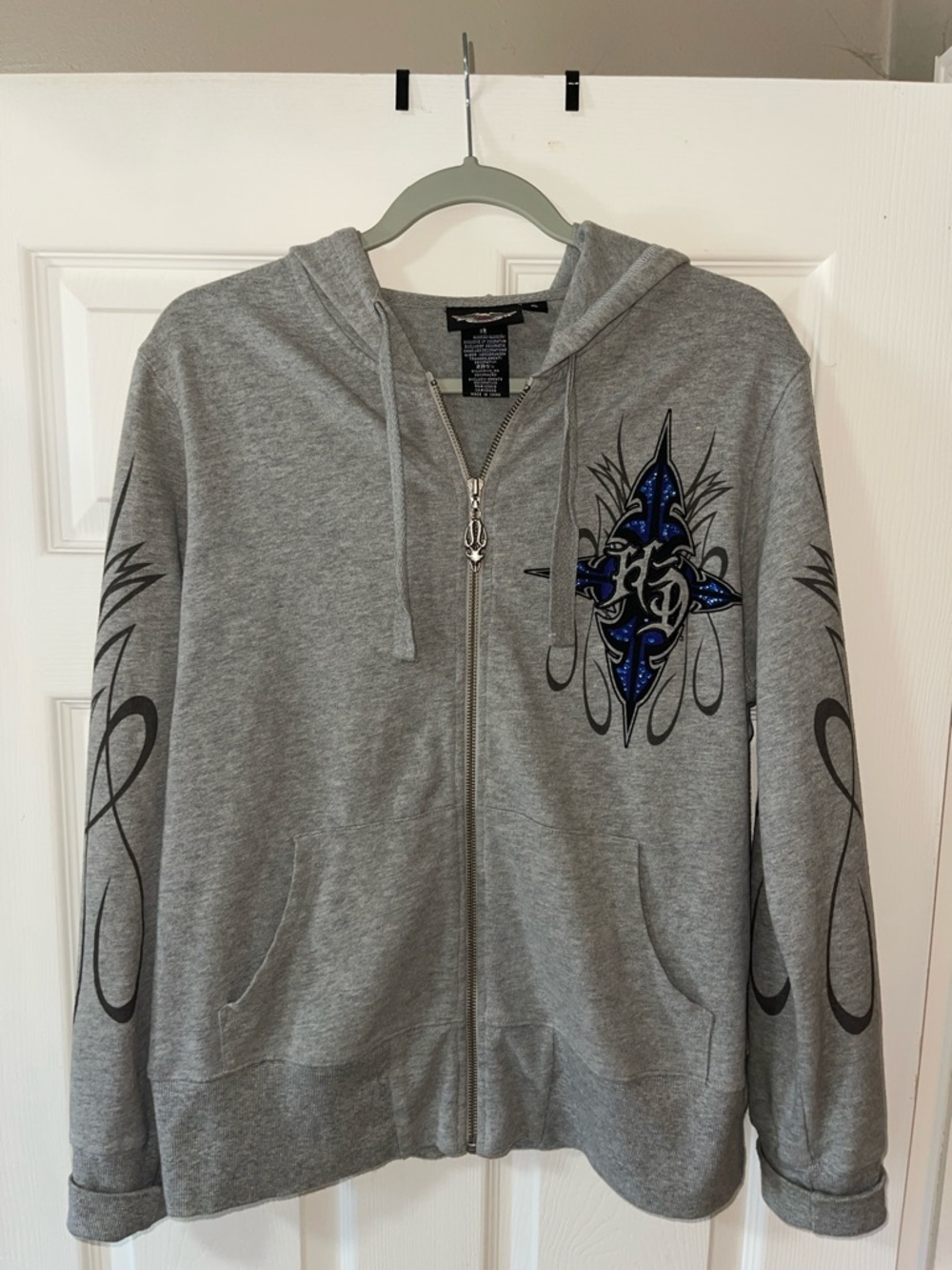 Harley-Davidson Gray Zip Hoodie with Black Flame Sleeves and Blue Crest